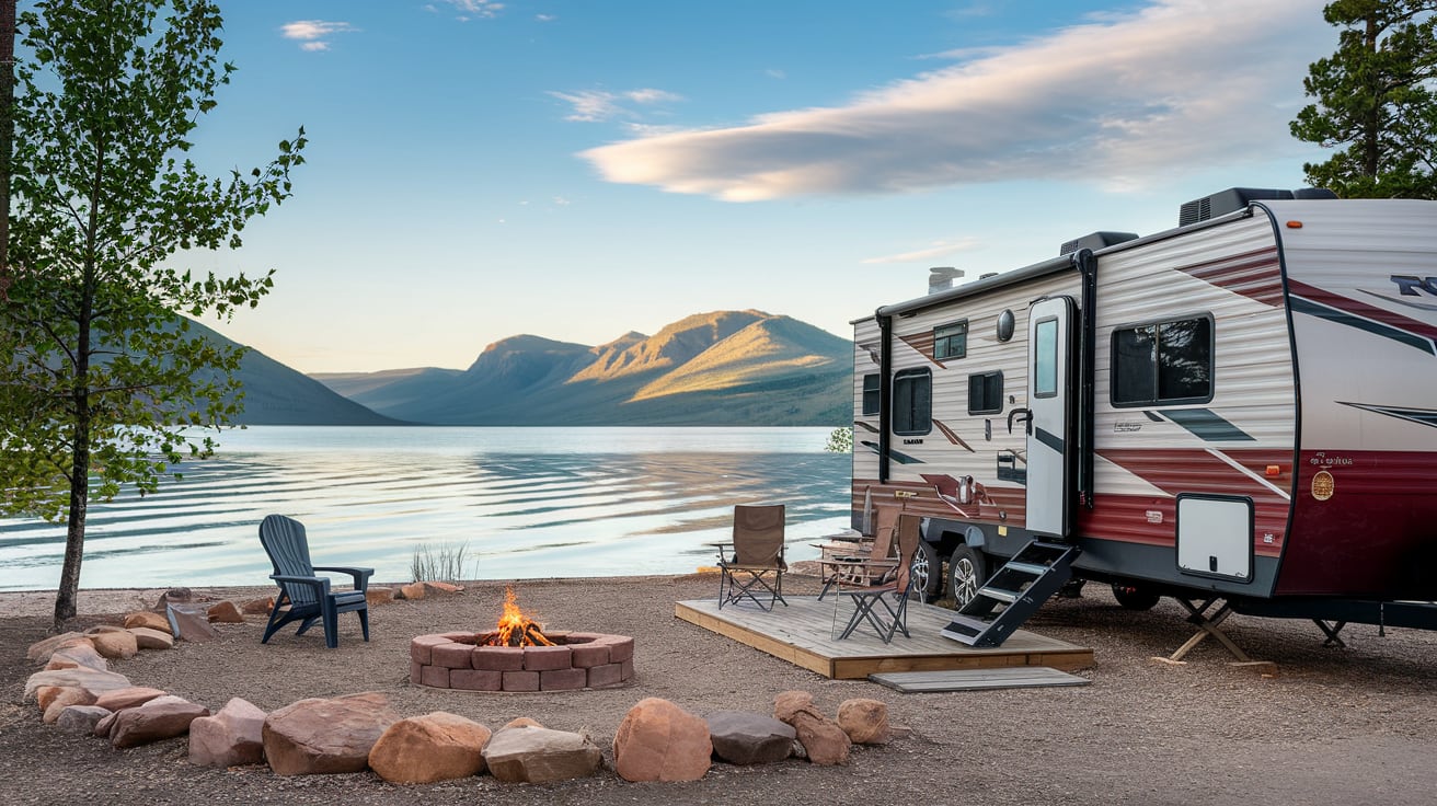 RV parked at lakeside campsite with mountain reflections in calm Colorado lake waters
