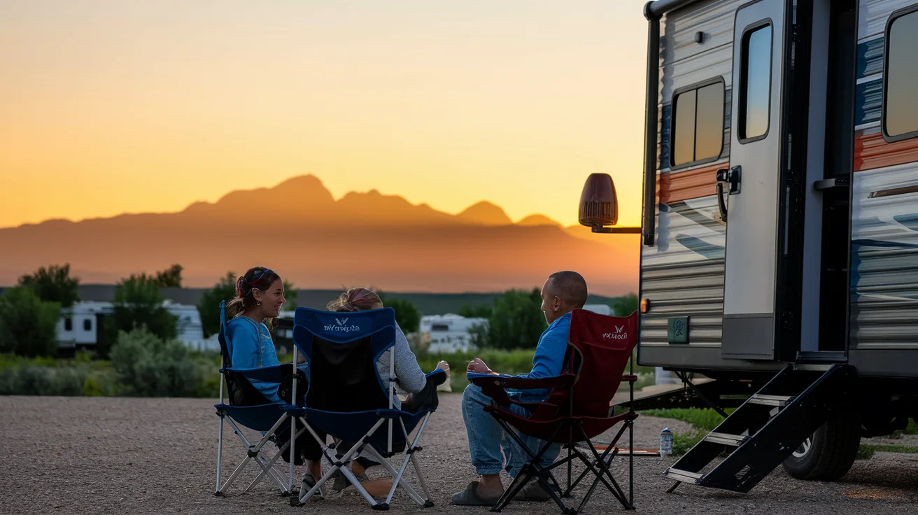 Family setting up camp chairs beside their RV at sunset with Colorado mountains silhouetted against orange sky