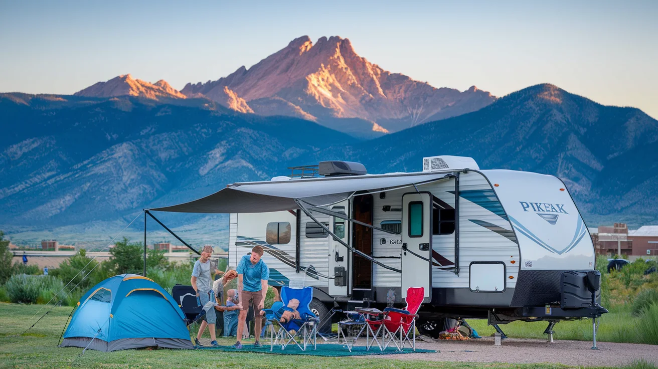 Family setting up their RV campsite with Pikes Peak visible in the background near Peyton, Colorado