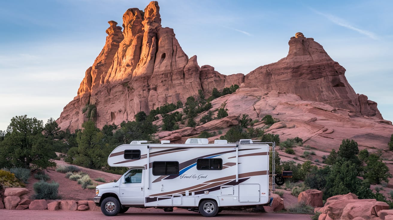 RV parked at Garden of the Gods with red rock formations towering in the background