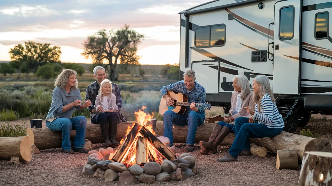 Multi-generational family enjoying a campfire outside their RV with Colorado prairie landscape at sunset
