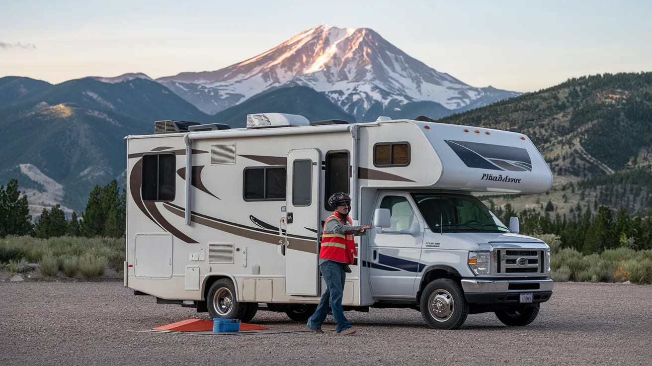 Beginner RV driver practicing maneuvers in mountain parking lot with Pikes Peak visible in background near Peyton Colorado