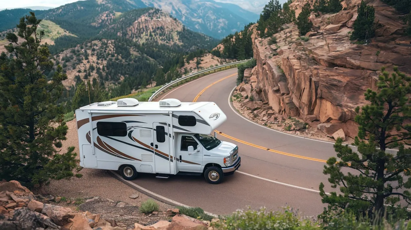 RV navigating a steep mountain curve with proper weight distribution, demonstrating safe driving techniques near Colorado Springs