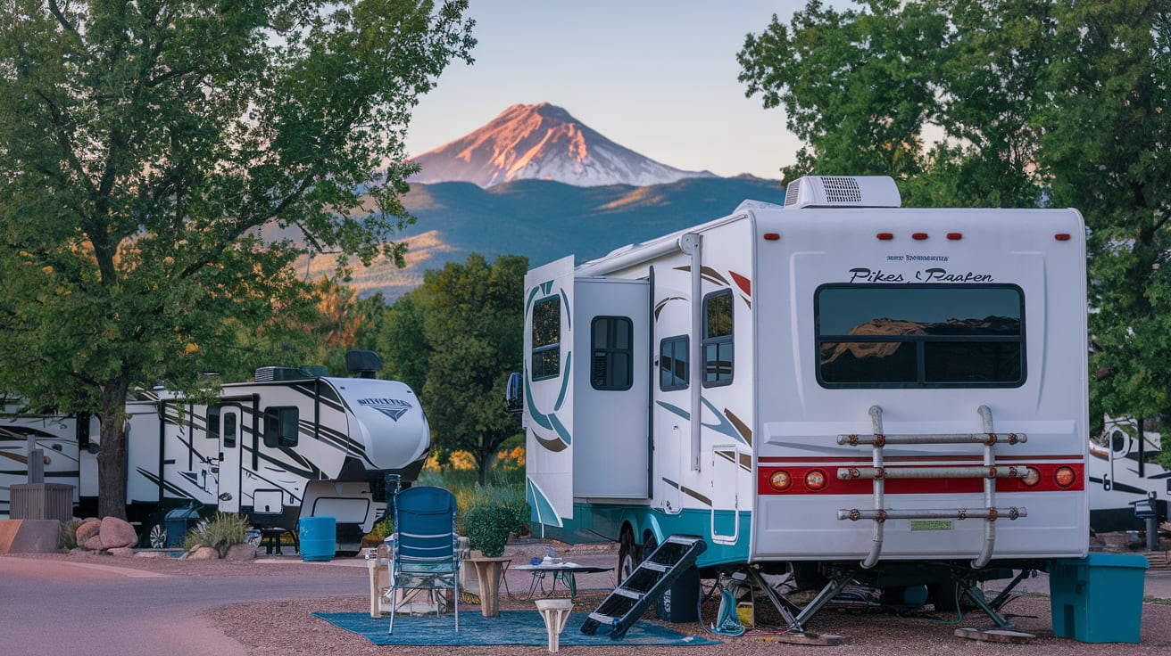 Mountain RV campground near Peyton showing proper setup and electrical connections with Pikes Peak in the background