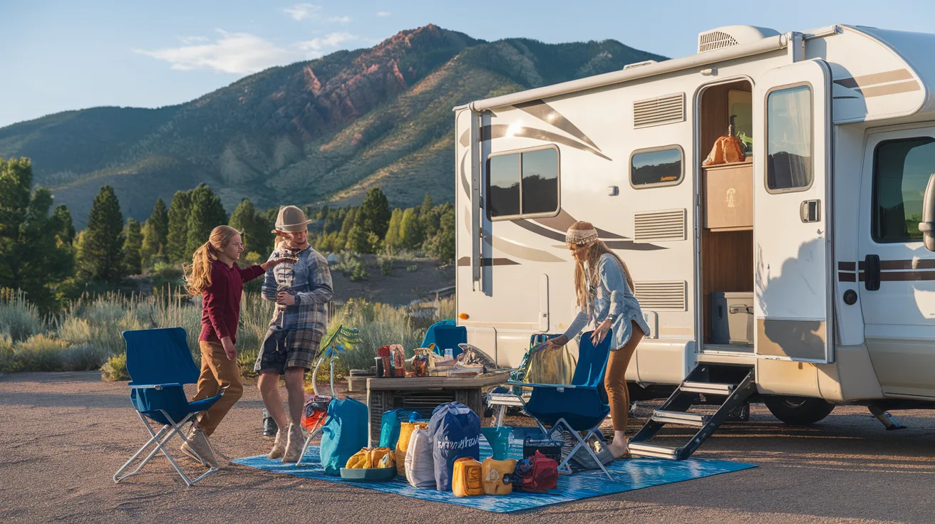 Family loading essential gear into RV rental at Peyton Colorado campground with mountain views