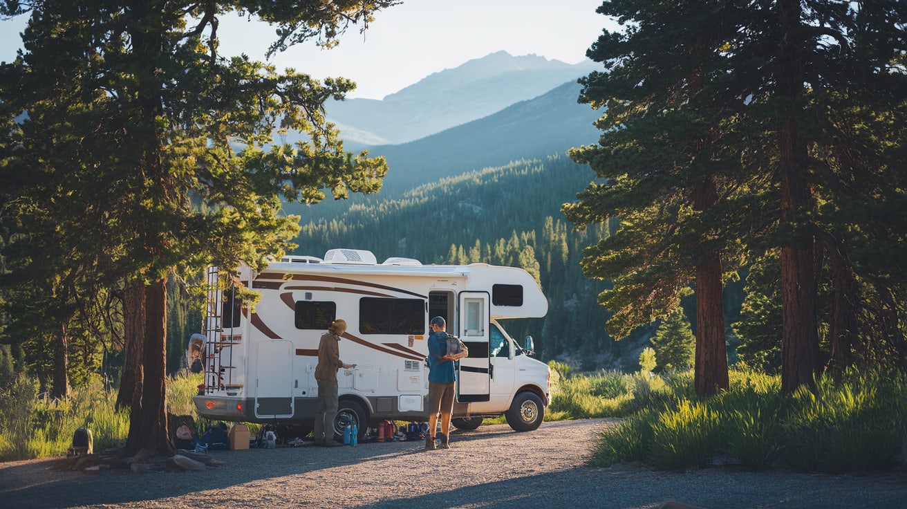 RV travelers checking safety equipment and emergency supplies at Colorado mountain campsite