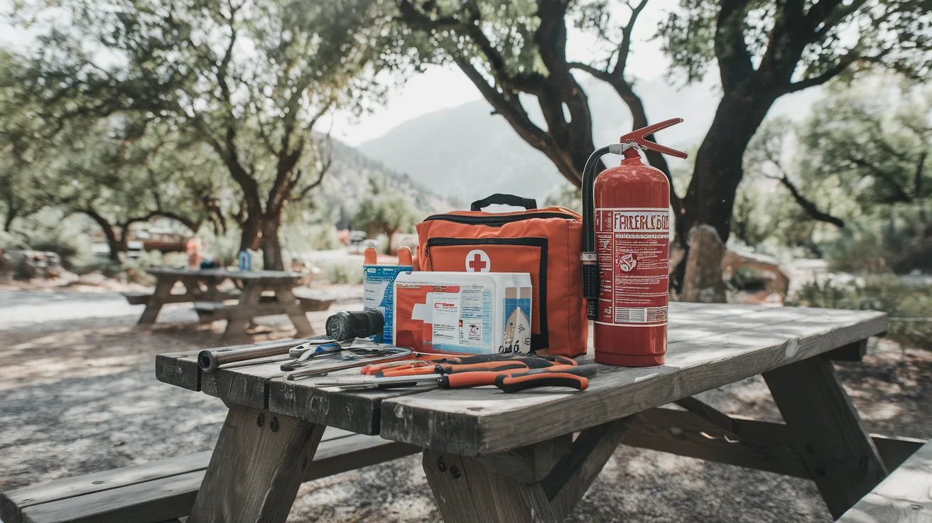 Essential RV maintenance tools and emergency supplies laid out on picnic table at mountain campground