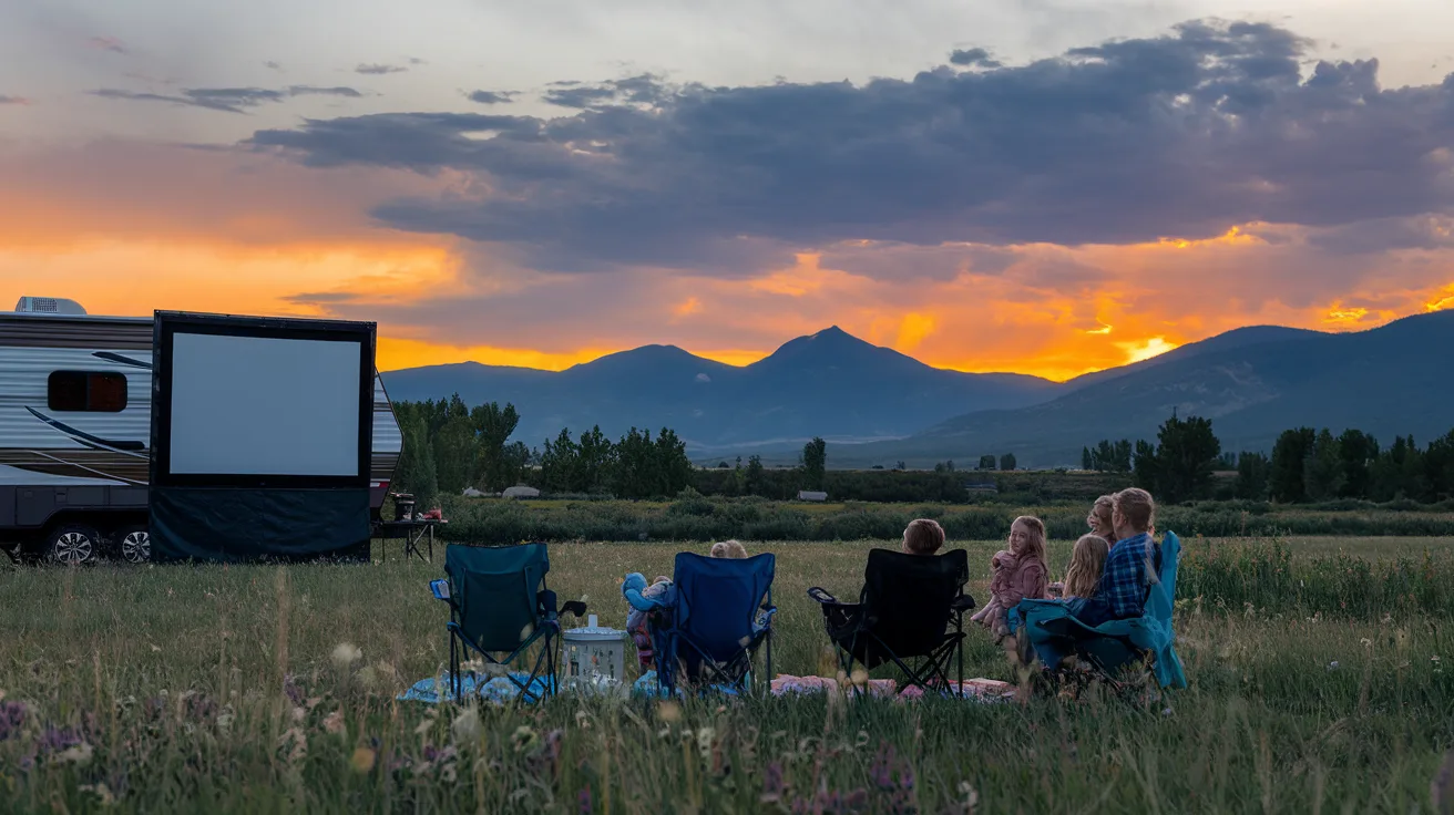 Family watching outdoor movie screen setup against Colorado mountain sunset backdrop with RV