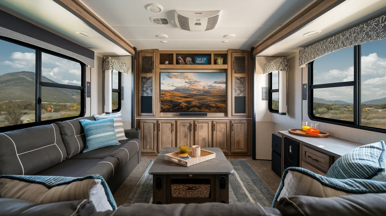 RV interior setup showing family movie viewing area with mountain vista visible through windows