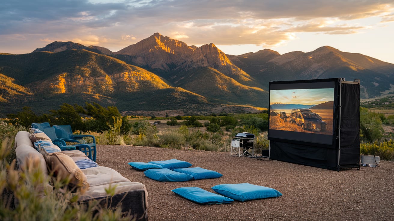 Outdoor RV movie setup with portable screen and seating area against Colorado mountain backdrop during golden hour