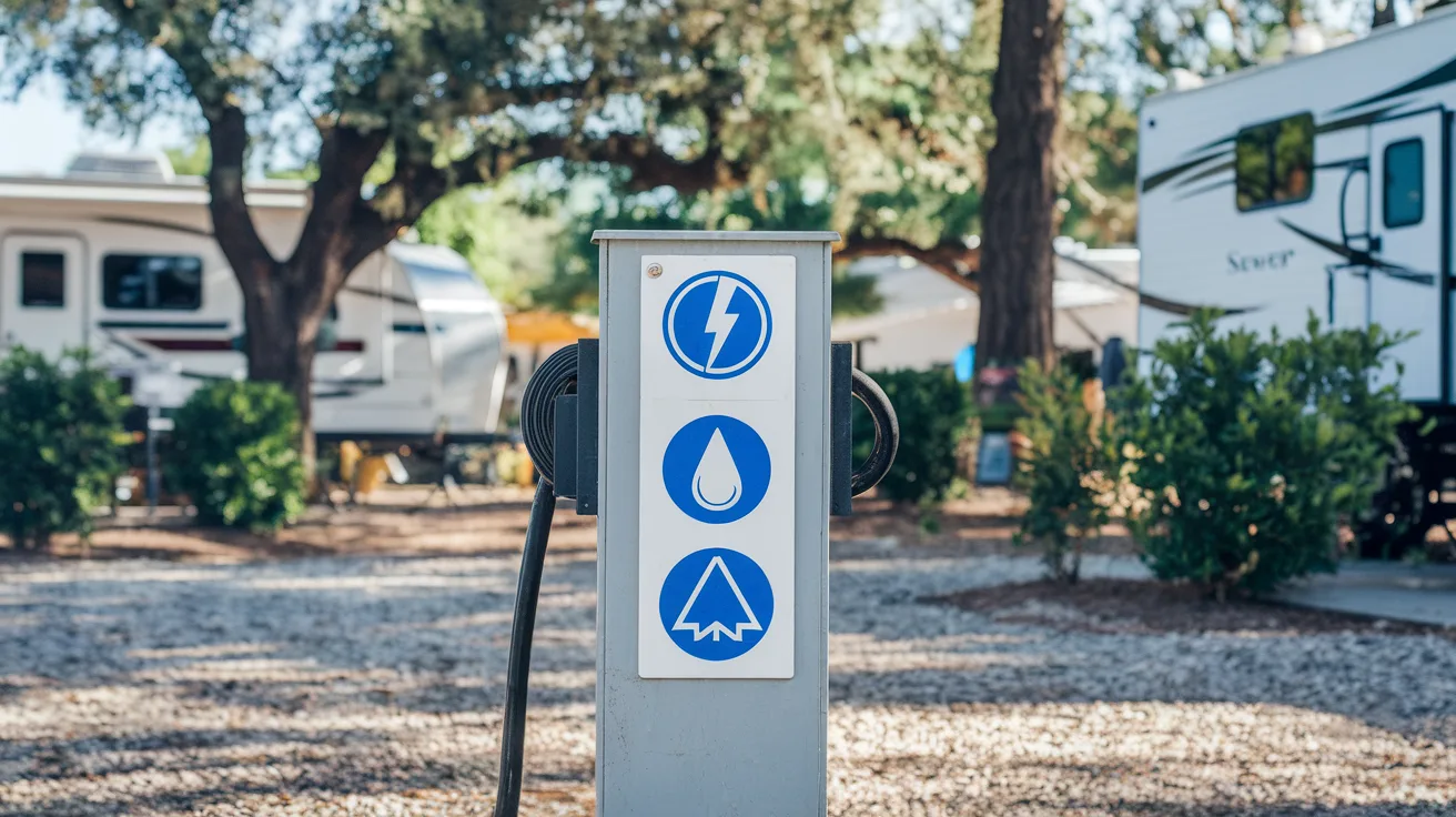 RV utility hookup diagram showing electrical, water, and sewer connections at a campground pedestal