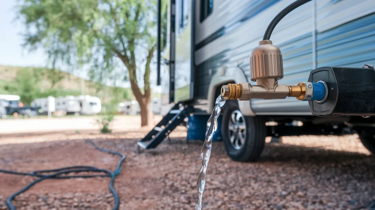 Proper water hookup setup showing pressure regulator and potable water hose connections