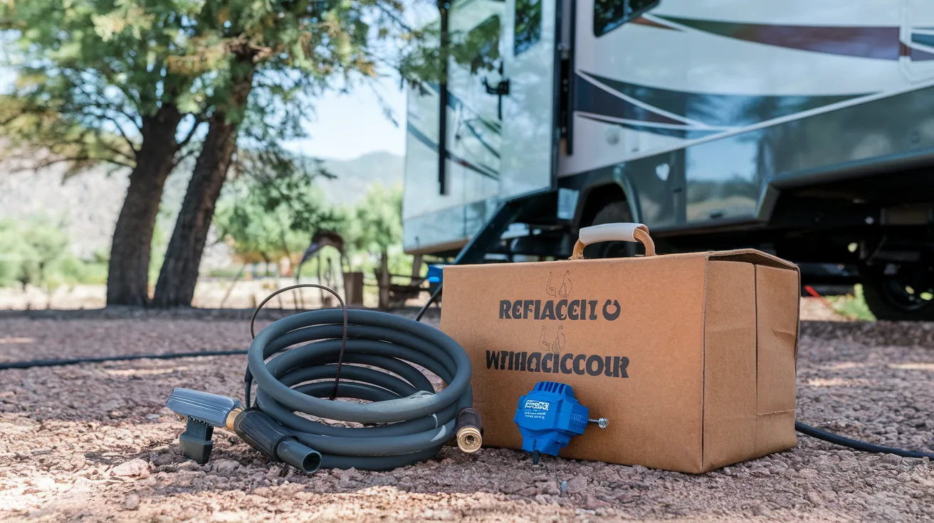 Essential RV utility supply kit with surge protector, pressure regulator, and sewer hose accessories