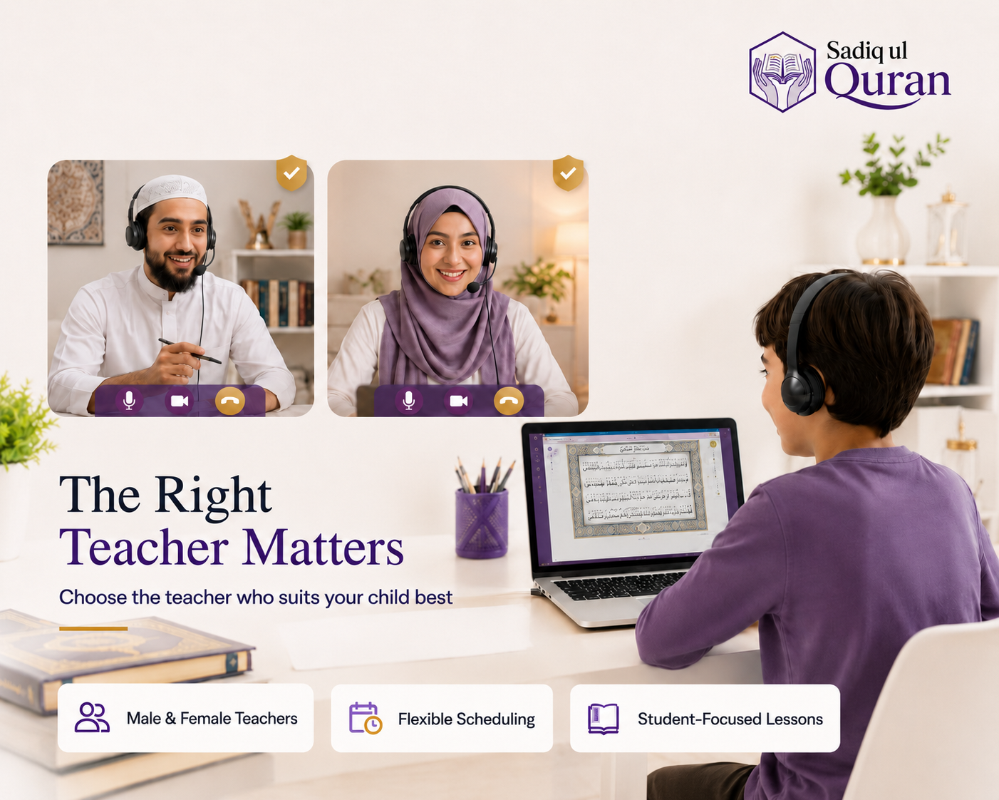 A young Quran student studying online with warm lighting