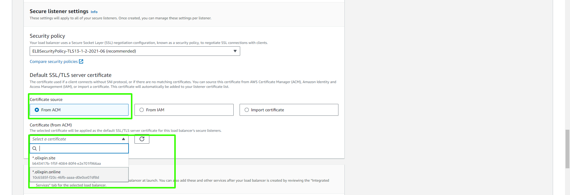Select ACM Certificate