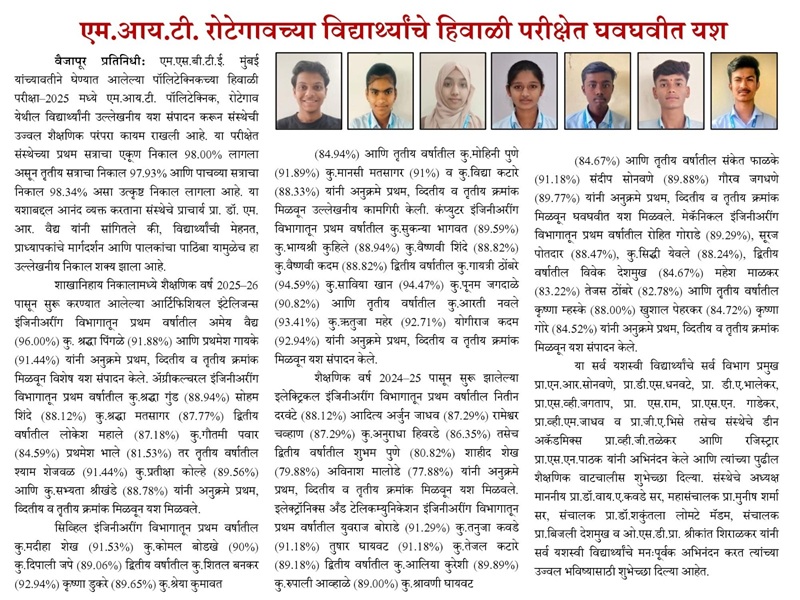 एम.आय.टी. रोटेगावच्या विद्यार्थ्यांचे हिवाळी परीक्षेत घवघवीत यश