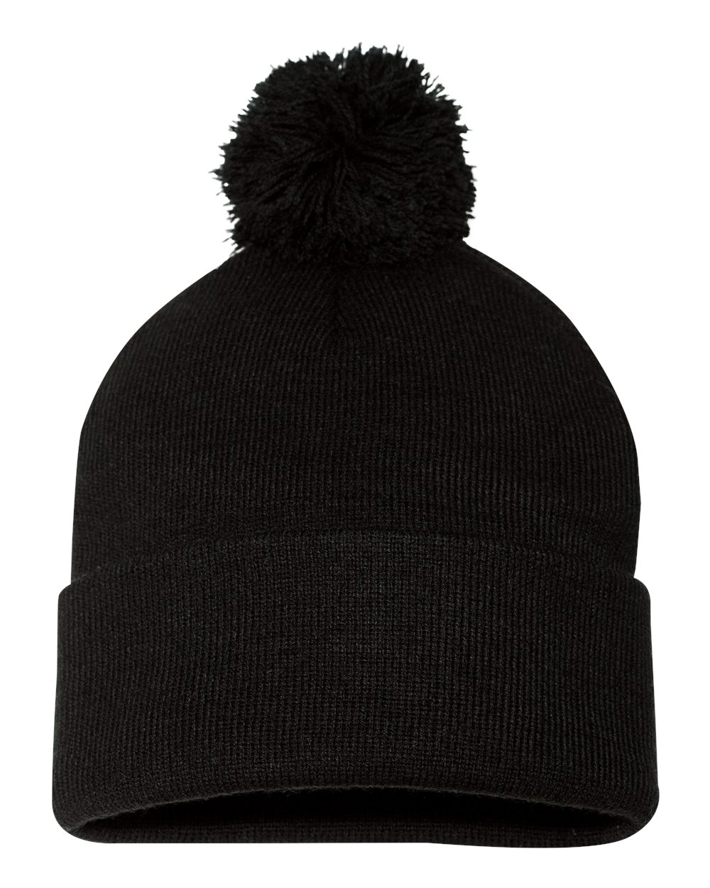 An image of a Custom Sportsman Pom Pom 12inch Knit Beanie in Black!