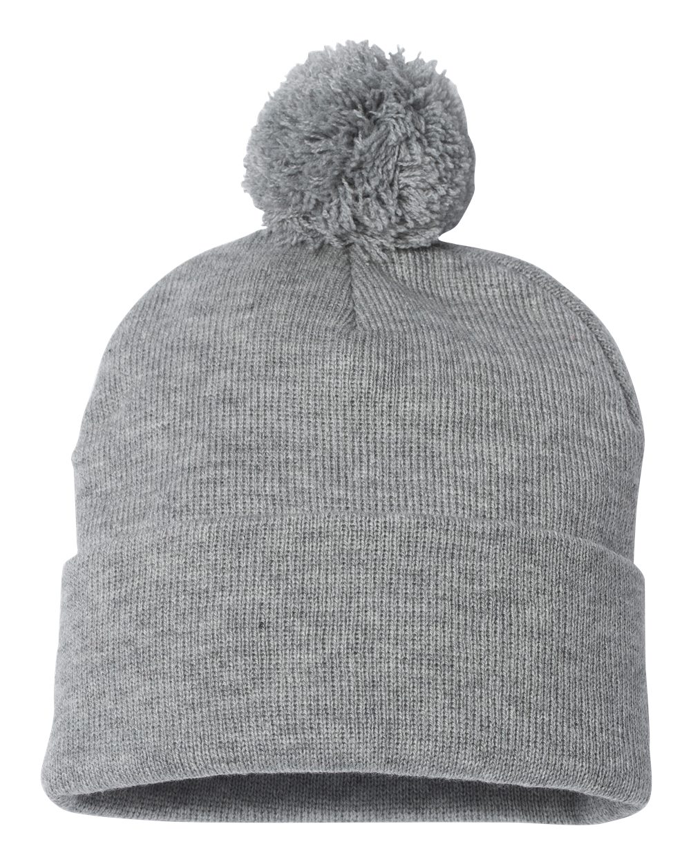 Am image of a Custom Sportsman Pom Pom 12inch Knit Beanie in Heather Grey!