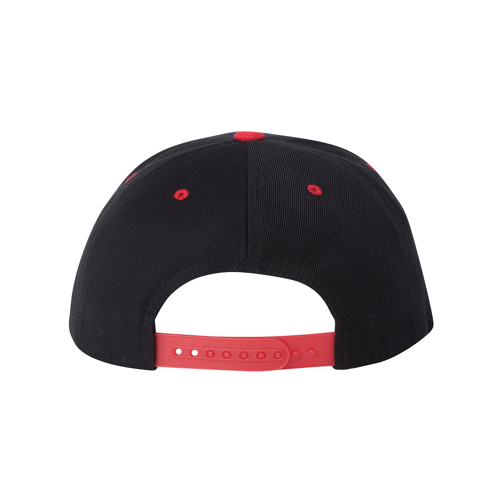 Am image of a Custom Yupoong Flat Bill Snapback Cap in Black/ Red!