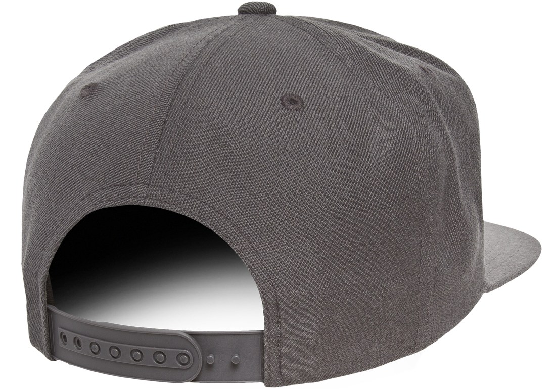 Am image of a Custom Yupoong Flat Bill Snapback Cap in Dark Grey!