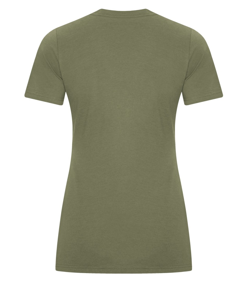 Am image of a Custom Koi Element Ring Spun Blend Ladies Tee in Olive!