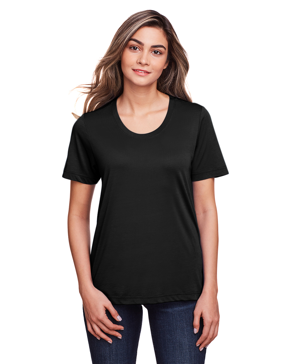 Am image of a Custom Core 365 Ladies' Fusion ChromaSoft™ Performance T Shirt in Black!