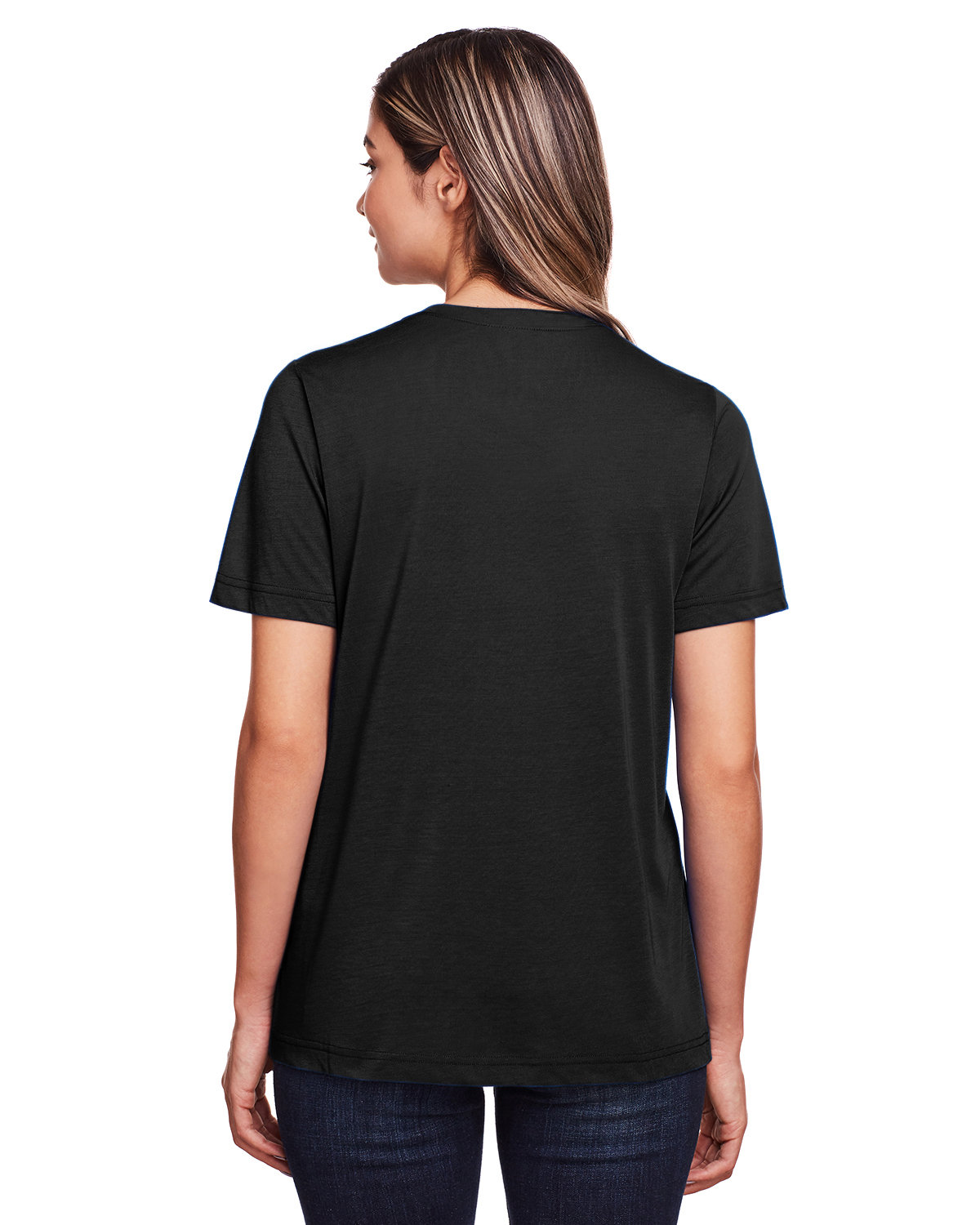 Am image of a Custom Core 365 Ladies' Fusion ChromaSoft™ Performance T Shirt in Black!