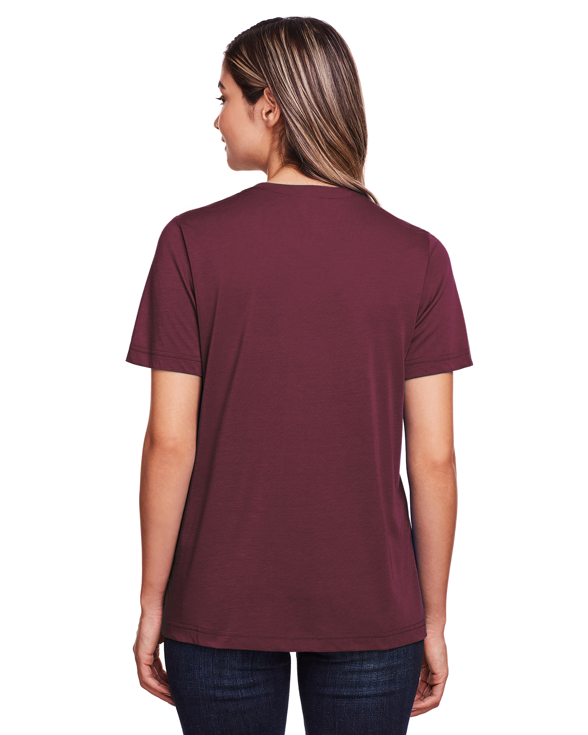 Am image of a Custom Core 365 Ladies' Fusion ChromaSoft™ Performance T Shirt in Burgundy!