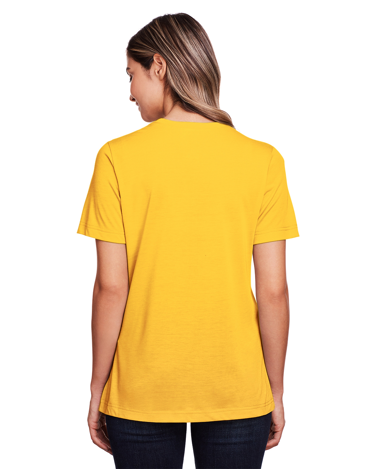 Am image of a Custom Core 365 Ladies' Fusion ChromaSoft™ Performance T Shirt in Campus Gold!