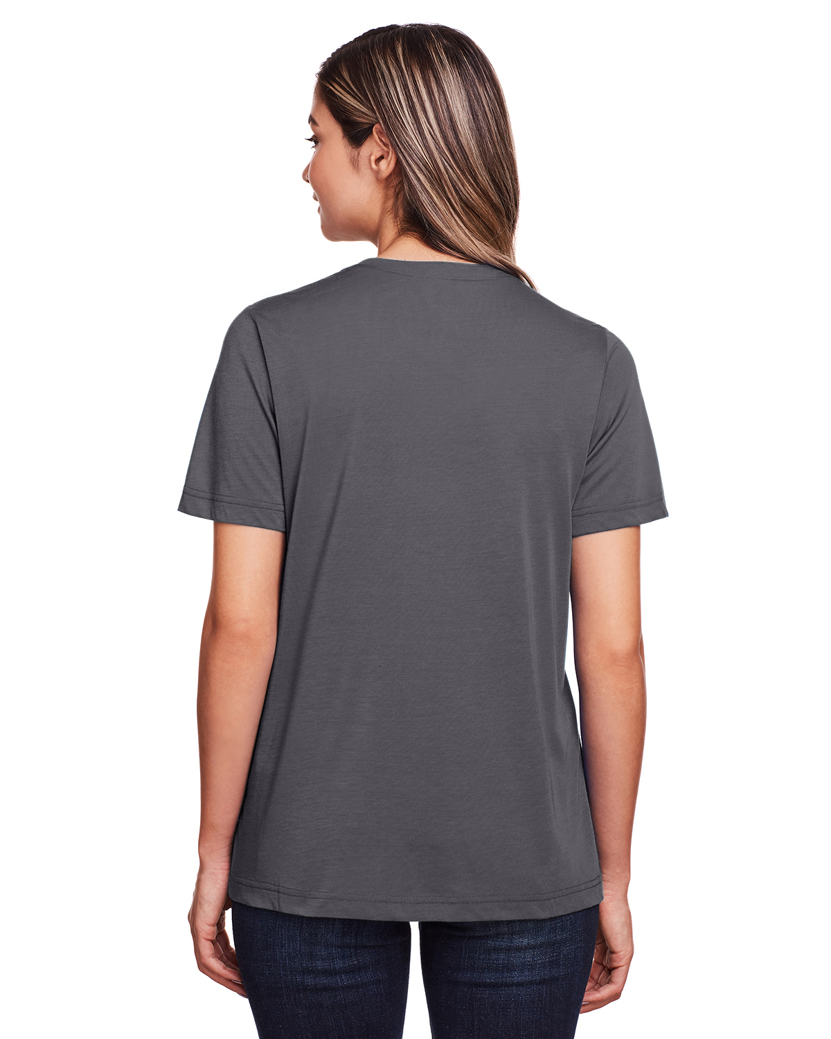 Am image of a Custom Core 365 Ladies' Fusion ChromaSoft™ Performance T Shirt in Carbon!
