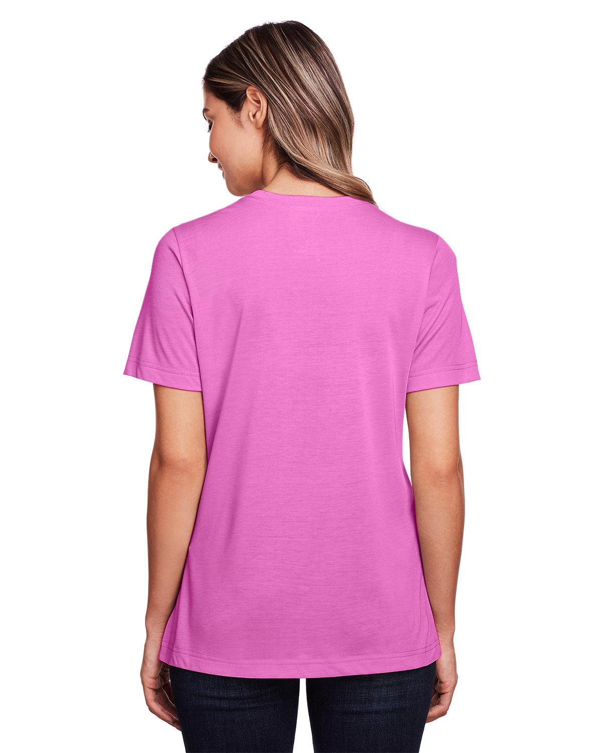 Am image of a Custom Core 365 Ladies' Fusion ChromaSoft™ Performance T Shirt in Charity Pink!