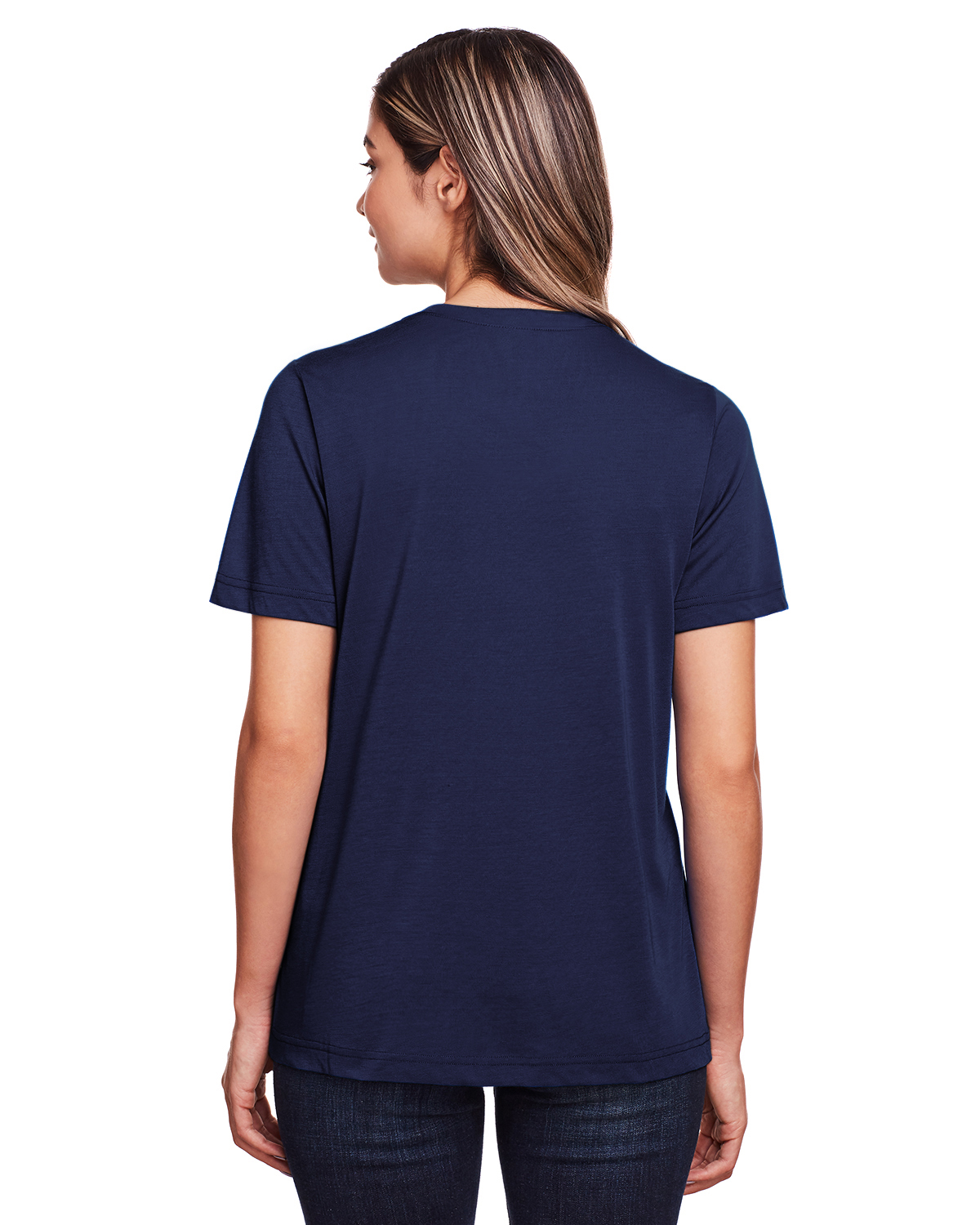 Am image of a Custom Core 365 Ladies' Fusion ChromaSoft™ Performance T Shirt in Classic Navy!