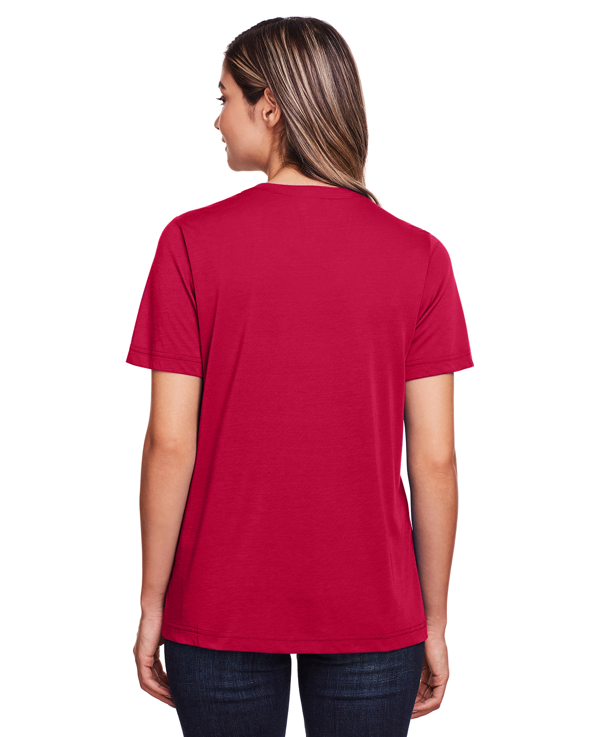 Am image of a Custom Core 365 Ladies' Fusion ChromaSoft™ Performance T Shirt in Classic Red!