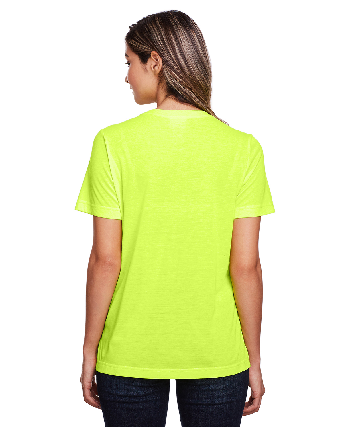 Am image of a Custom Core 365 Ladies' Fusion ChromaSoft™ Performance T Shirt in Safety Yellow!