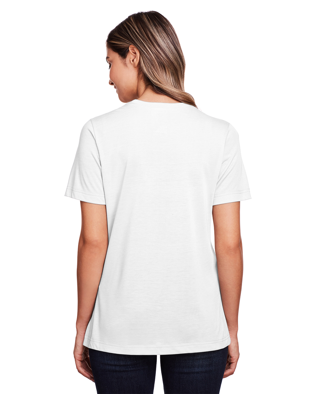 Am image of a Custom Core 365 Ladies' Fusion ChromaSoft™ Performance T Shirt in White!