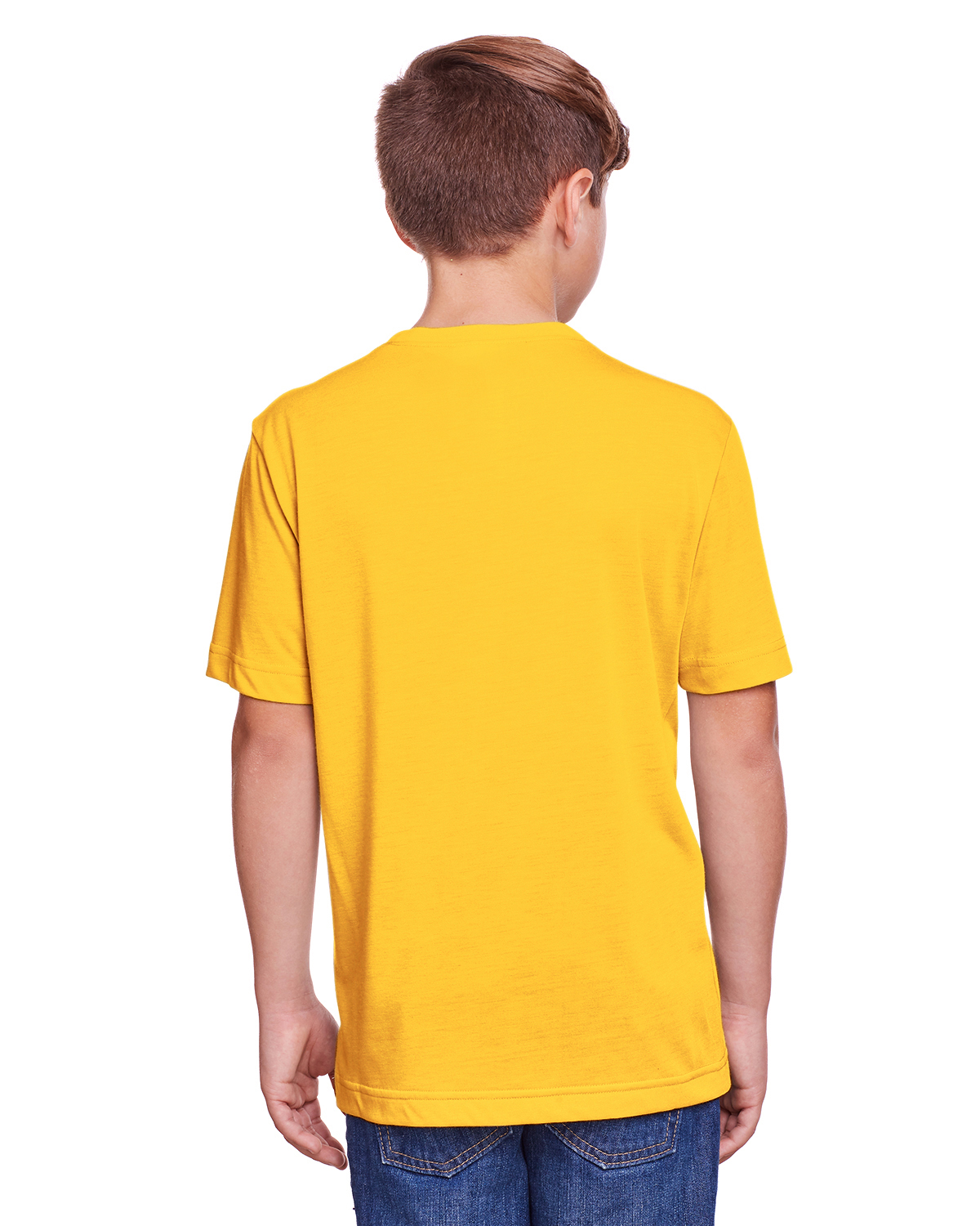 Am image of a Custom Core 365 Youth Fusion ChromaSoft Performance T Shirt in Campus Gold!