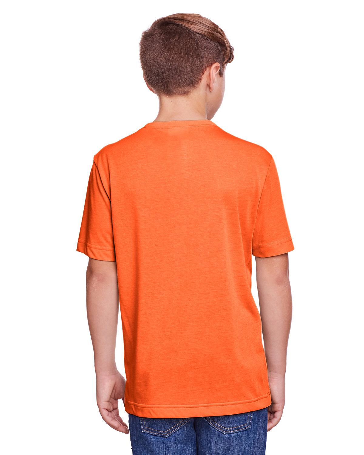 Am image of a Custom Core 365 Youth Fusion ChromaSoft Performance T Shirt in Campus Orange!