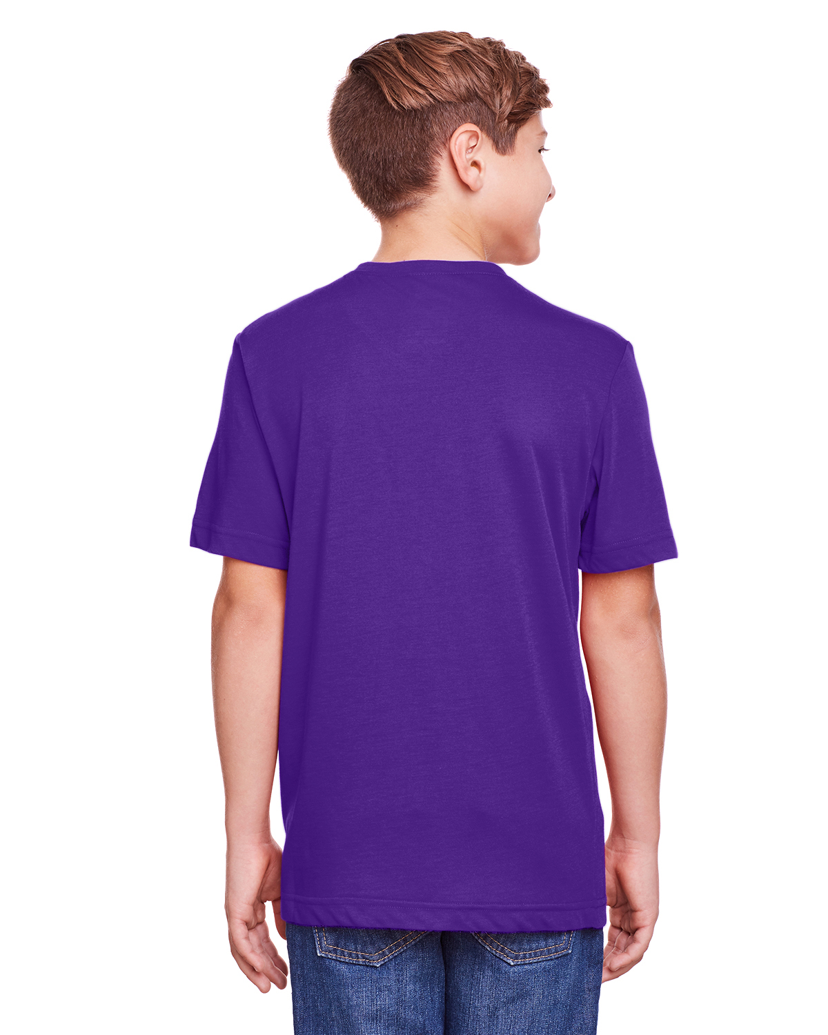 Am image of a Custom Core 365 Youth Fusion ChromaSoft Performance T Shirt in Campus Purple!