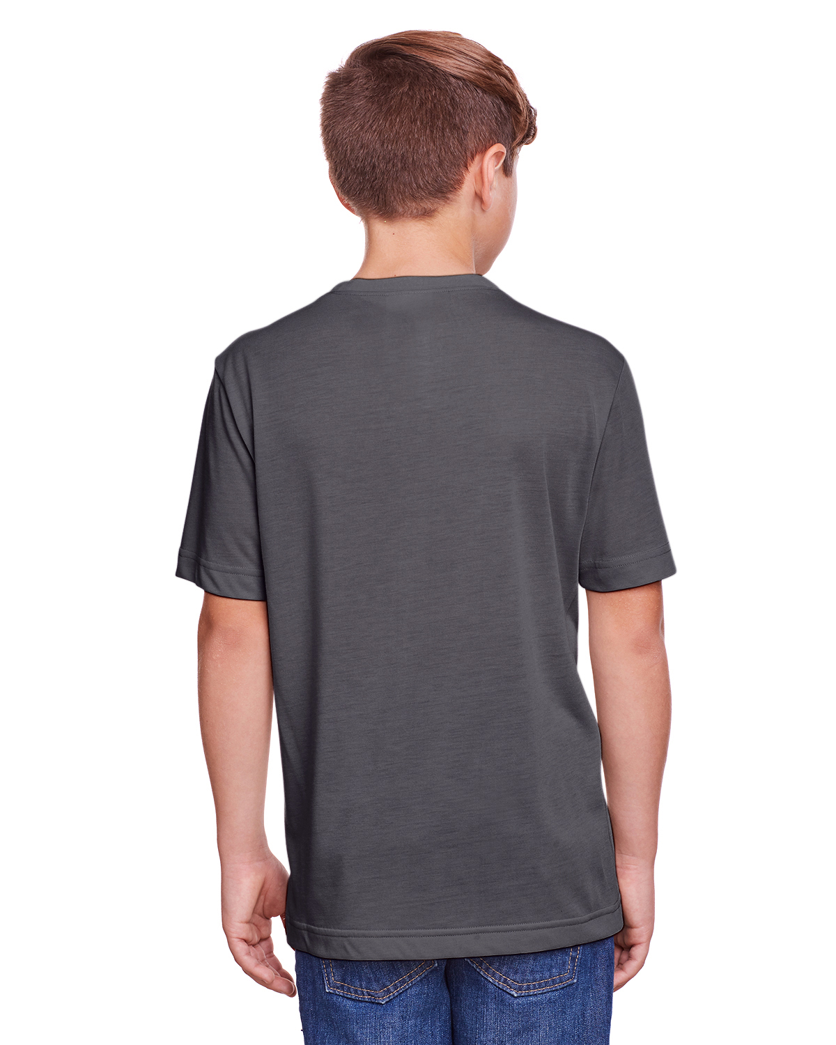 Am image of a Custom Core 365 Youth Fusion ChromaSoft Performance T Shirt in Carbon!