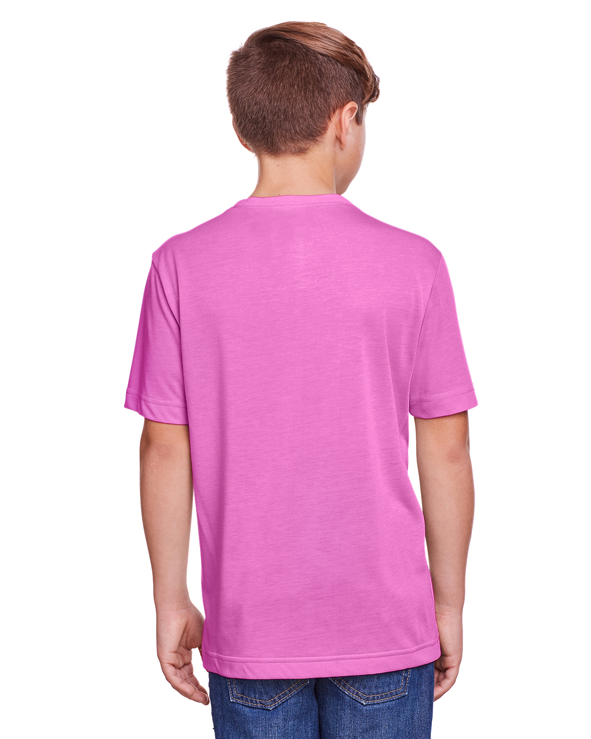 Am image of a Custom Core 365 Youth Fusion ChromaSoft Performance T Shirt in Charity Pink!