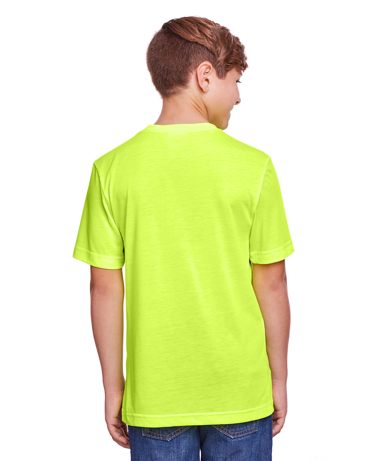 Am image of a Custom Core 365 Youth Fusion ChromaSoft Performance T Shirt in Safety Yellow!