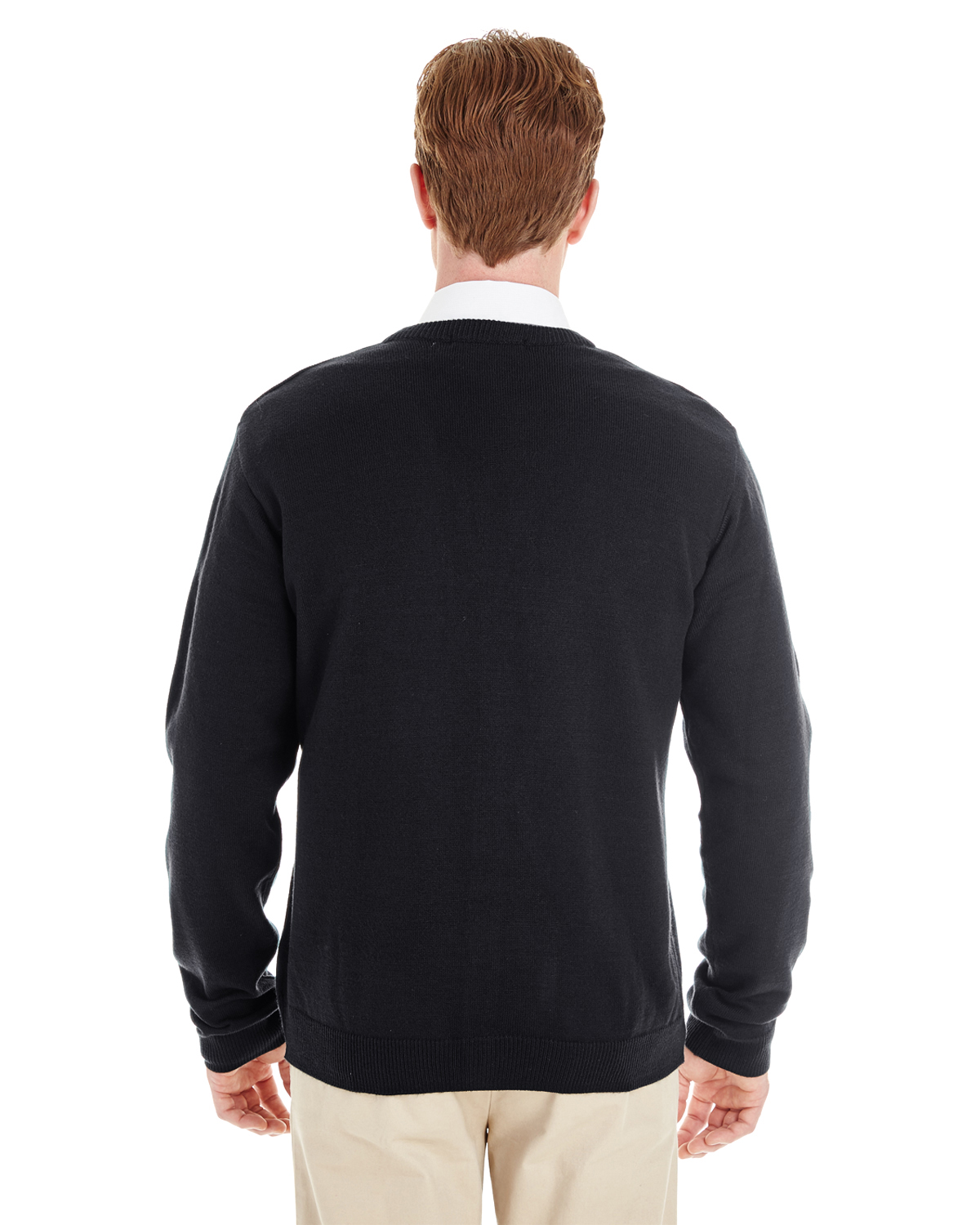Am image of a Custom Harriton Men's Pilbloc™ V Neck Button Cardigan Sweater in Black!