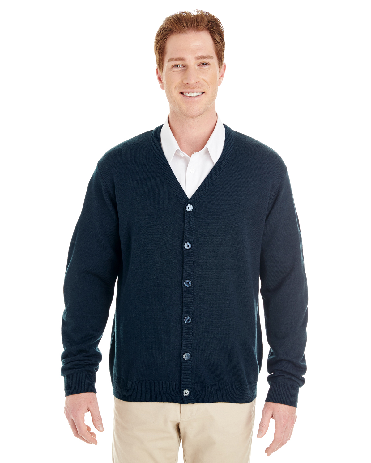 Harriton Men's Pilbloc™ V Neck Button Cardigan Sweater in Dark Navy