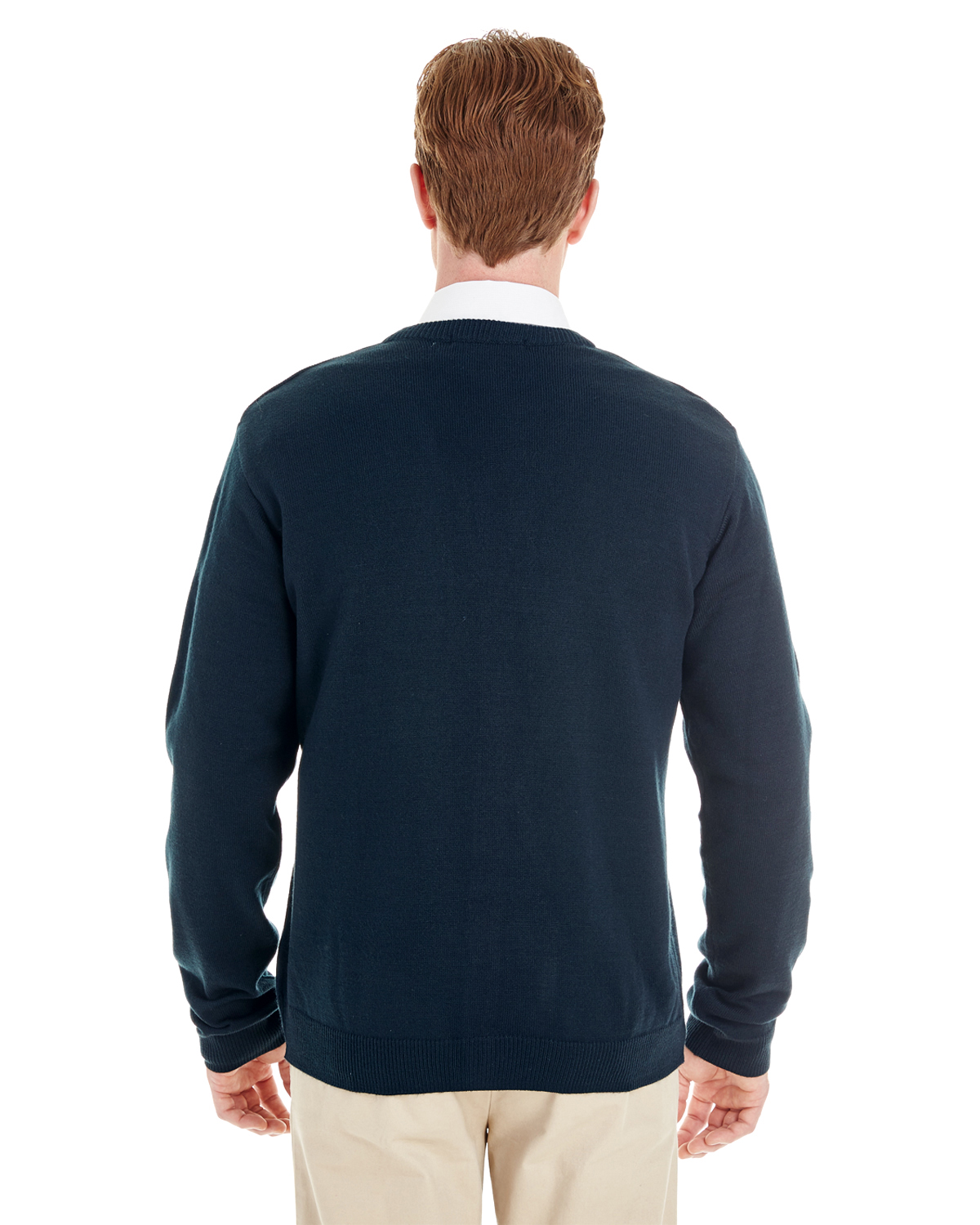 Am image of a Custom Harriton Men's Pilbloc™ V Neck Button Cardigan Sweater in Dark Navy!