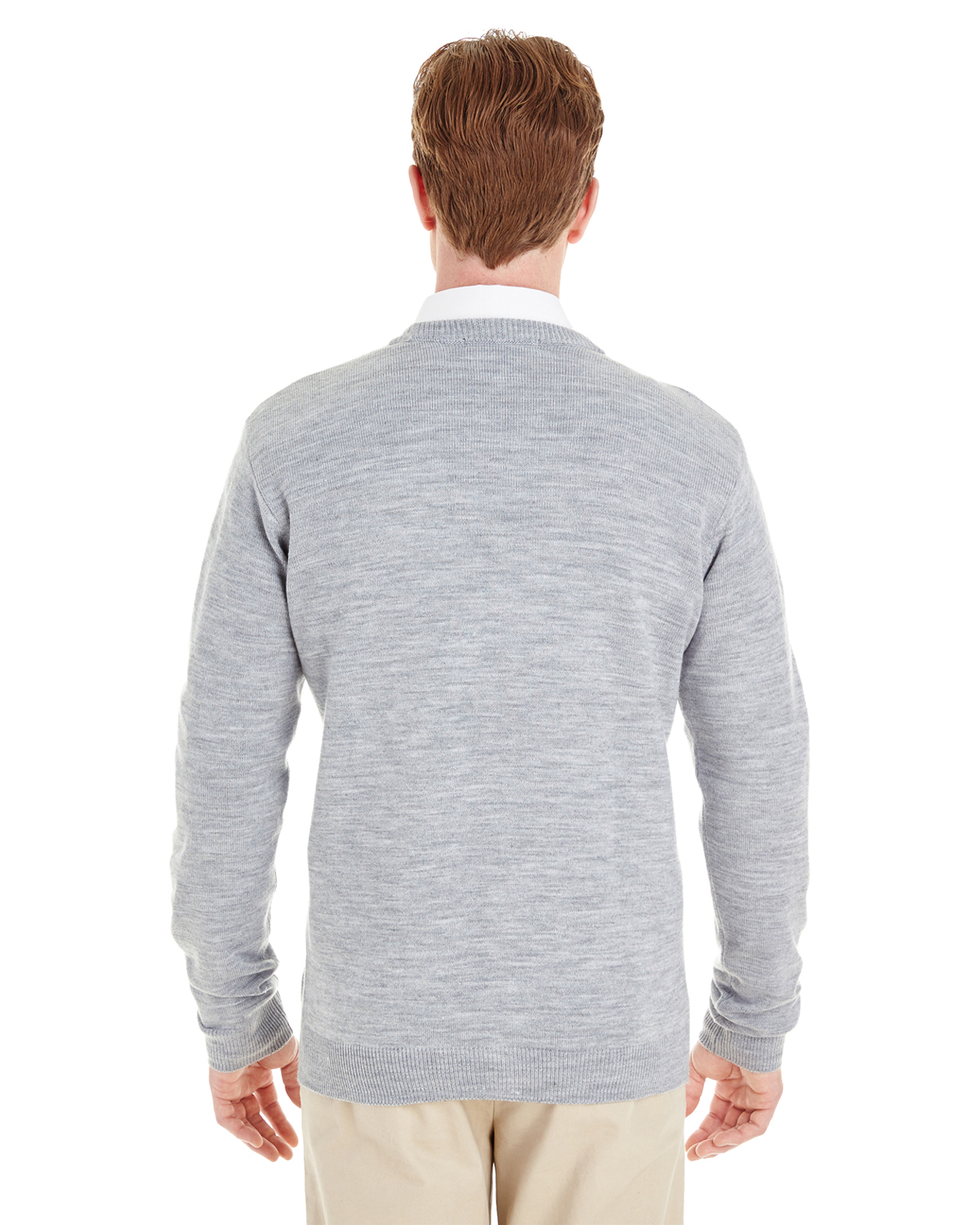 Am image of a Custom Harriton Men's Pilbloc™ V Neck Button Cardigan Sweater in Grey Heather!