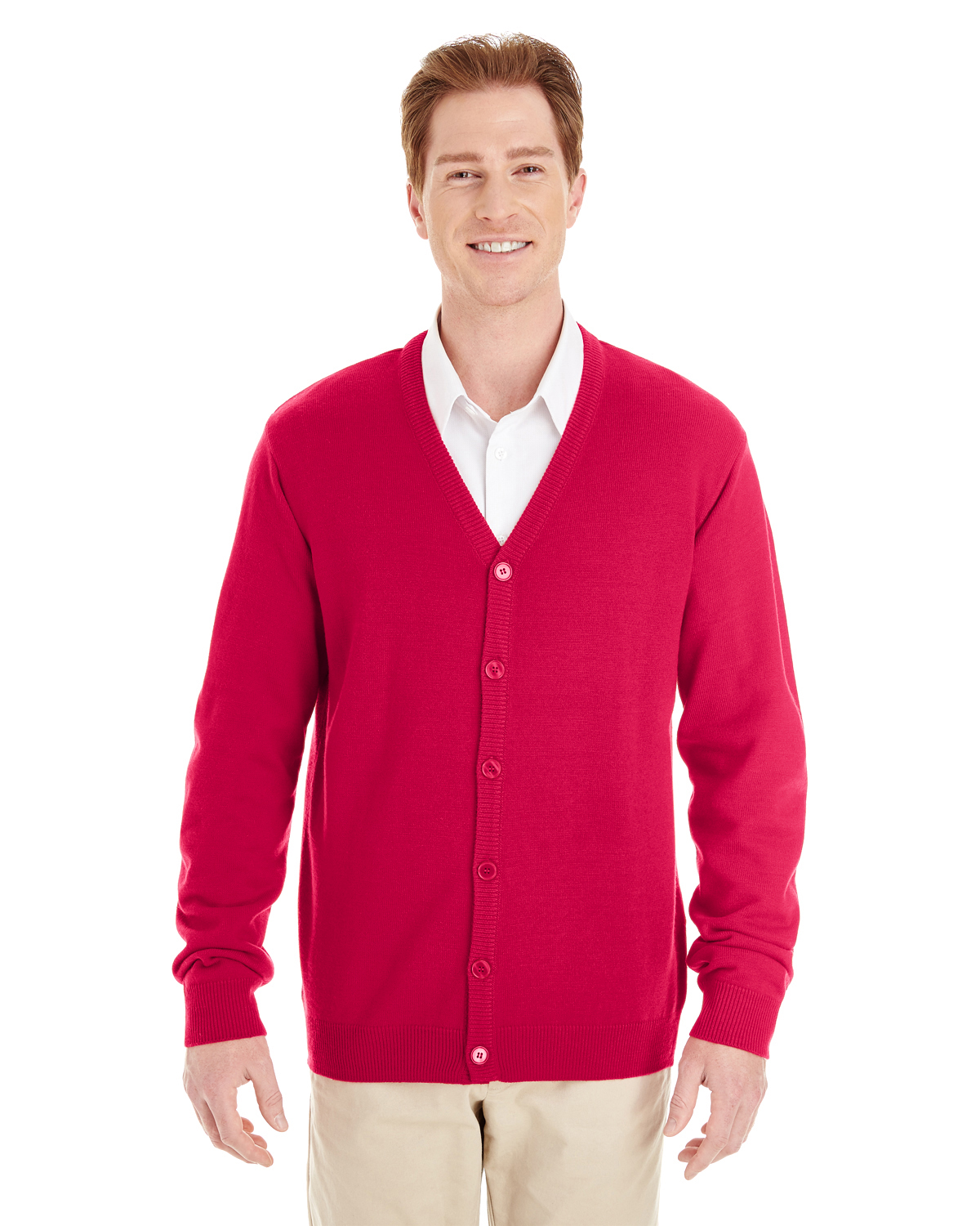 Harriton Men's Pilbloc™ V Neck Button Cardigan Sweater in Red