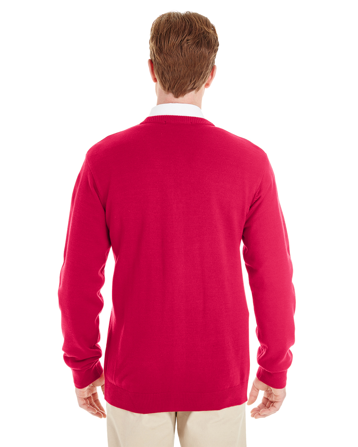 Am image of a Custom Harriton Men's Pilbloc™ V Neck Button Cardigan Sweater in Red!