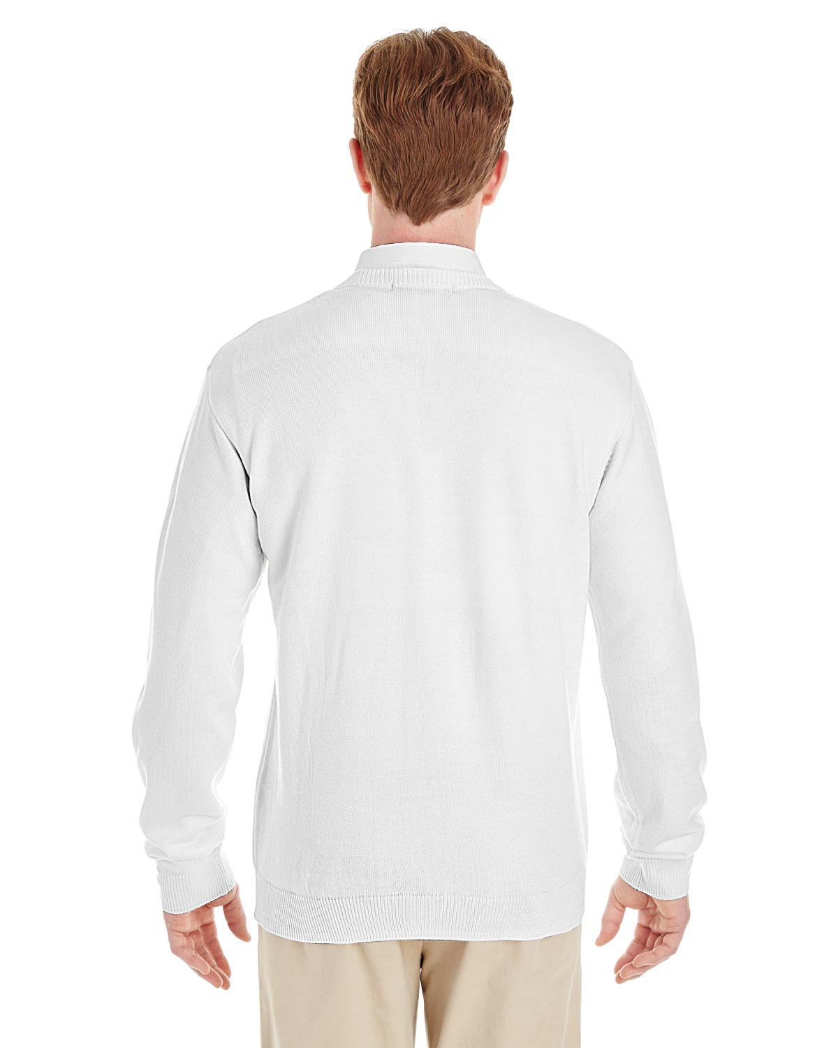 Am image of a Custom Harriton Men's Pilbloc™ V Neck Button Cardigan Sweater in White!