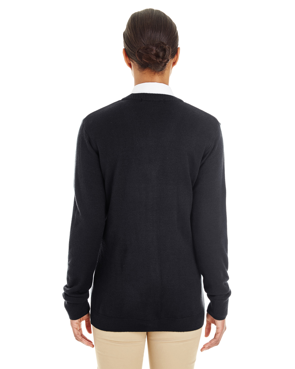 Am image of a Custom Harriton Ladies' Pilbloc™ V Neck Button Cardigan Sweater in Black!