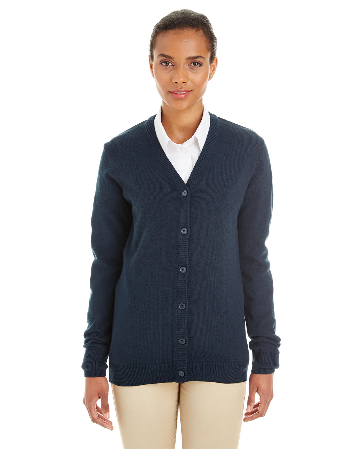 Harriton Ladies' Pilbloc™ V Neck Button Cardigan Sweater in Dark Navy